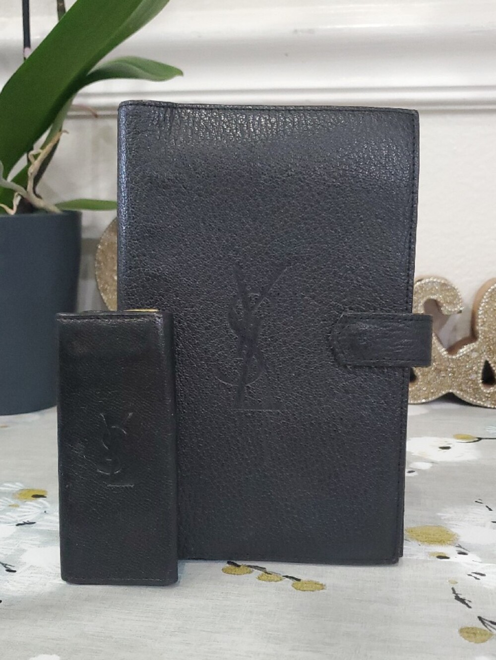 VINTAGE Black textured Leather Yves Saint Laurent Agenda and Keu Holder Bundle